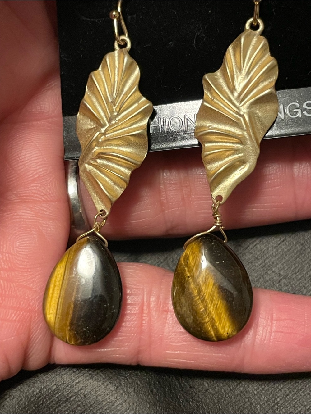 Gold Leaf Drop Earrings with Tiger Eye Teardrops